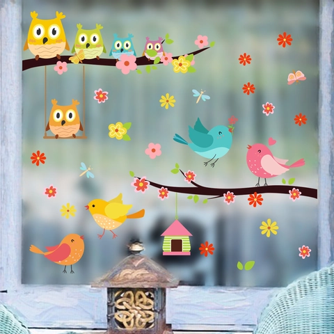 Abnehmbare Cartoon Eule Vogel Ast Fensteraufkleber PVC Statisch Haftende Glasbilder Florale Wanddeko Für Kinderzimmer
