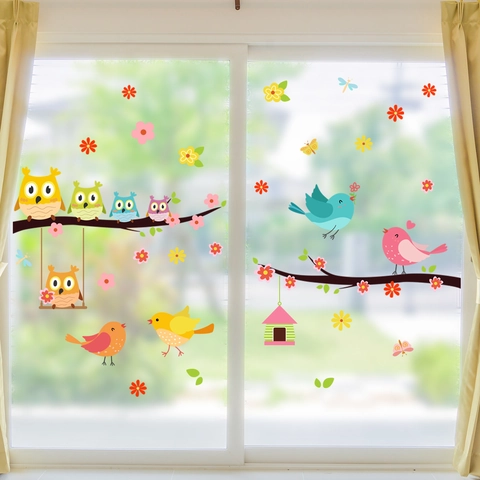 Abnehmbare Cartoon Eule Vogel Ast Fensteraufkleber PVC Statisch Haftende Glasbilder Florale Wanddeko Für Kinderzimmer