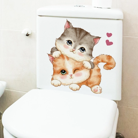 Süße Cartoon Katzen Toilettenaufkleber Wasserdicht PVC Grau Orange Katze Herzmuster Deko Wandtattoo Für Badezimmer WC Dekoration
