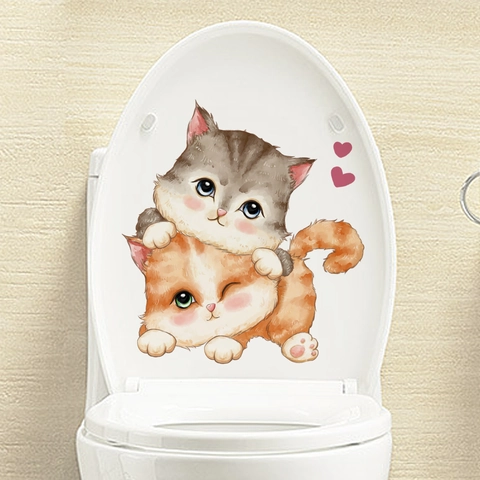 Süße Cartoon Katzen Toilettenaufkleber Wasserdicht PVC Grau Orange Katze Herzmuster Deko Wandtattoo Für Badezimmer WC Dekoration