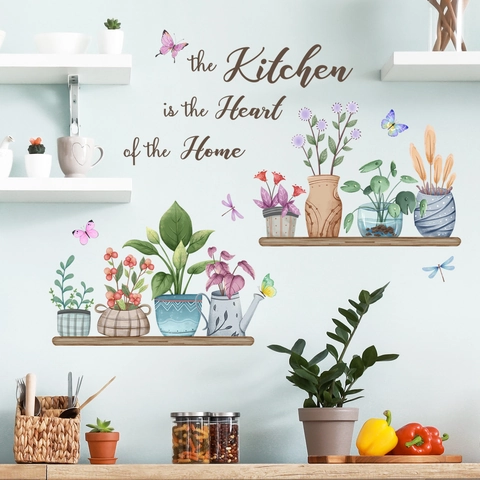 Adesivo Murale Cucina PVC Autoadesivo Piante In Vaso Farfalla Heart Of The Home Citazione Arte Decalcomania Per Sala Da Pranzo