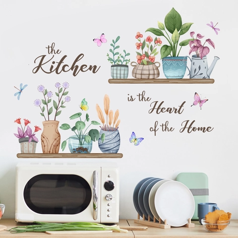Kitchen Wall Sticker PVC Waterproof Potted Plants Butterflies Decal Heart Of Home Quote Floral Botanical Mural Home Decor
