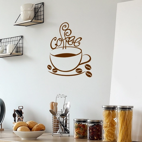 Adesivi Murali Tazza Di Caffè PVC Decorazione Per Cucina E Bar Decalcomania Con Scritte E Chicchi Di Caffè Marrone Arte Fai Da Te