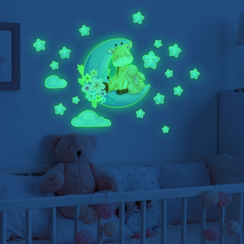 Lichtgevende Muurstickers PVC Glow In The Dark Cartoon Giraf Konijn Maan Sterren Kinderkamer Decoratie Zelfklevend