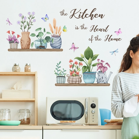 Adesivo Murale Cucina PVC Autoadesivo Piante In Vaso Farfalla Heart Of The Home Citazione Arte Decalcomania Per Sala Da Pranzo