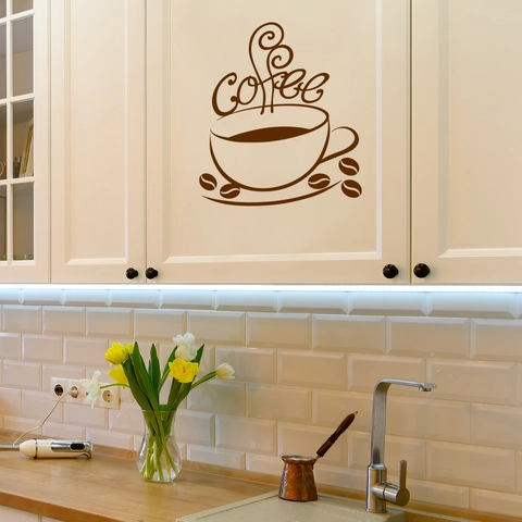 Adesivi Murali Tazza Di Caffè PVC Decorazione Per Cucina E Bar Decalcomania Con Scritte E Chicchi Di Caffè Marrone Arte Fai Da Te