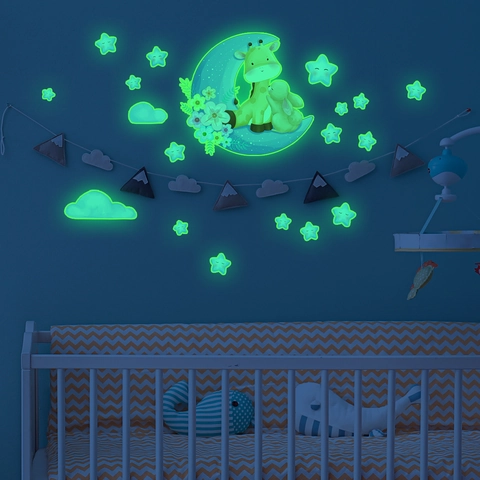 Lichtgevende Muurstickers PVC Glow In The Dark Cartoon Giraf Konijn Maan Sterren Kinderkamer Decoratie Zelfklevend