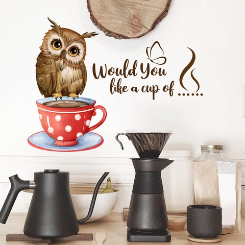 Owl Coffee Cup Wall Sticker PVC Self Adhesive Removable Decal For Kitchen Dining Room Cafe Decor Cartoon Quote