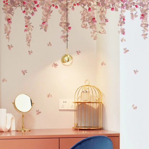 Pegatinas de Pared de Enredadera Floral Rosa Pétalos de Flor de Cerezo PVC Calcomanías de Pared para Sala de Estar Hogar