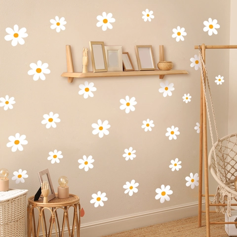 Minimalist White Daisy Wall Stickers PVC Self Adhesive Flower Decals For Nursery Bedroom Kids Room Home Decor Waterproof