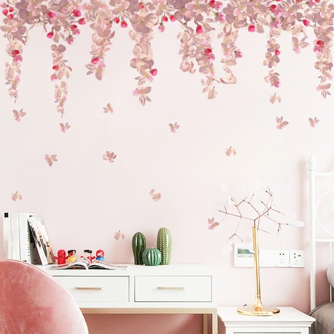Pegatinas de Pared de Enredadera Floral Rosa Pétalos de Flor de Cerezo PVC Calcomanías de Pared para Sala de Estar Hogar