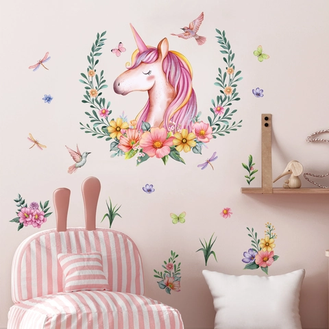 Autocollant Mural Licorne Fleurs Papillon PVC Auto-Adhésif Décoration Chambre D'Enfant Style Aquarelle Mural Amovible