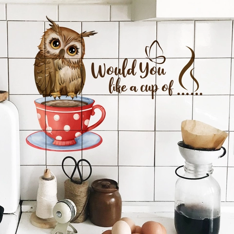 Owl Coffee Cup Wall Sticker PVC Self Adhesive Removable Decal For Kitchen Dining Room Cafe Decor Cartoon Quote