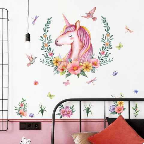 Autocollant Mural Licorne Fleurs Papillon PVC Auto-Adhésif Décoration Chambre D'Enfant Style Aquarelle Mural Amovible
