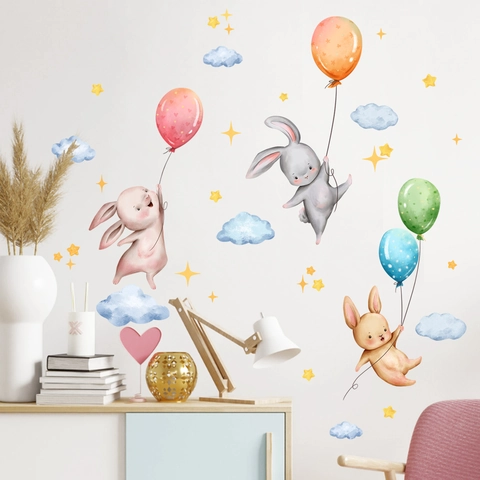 Pegatinas De Pared De Conejo De Dibujos Animados Globo PVC Autoadhesivo Acuarela Decoración Habitación Niños Estrellas