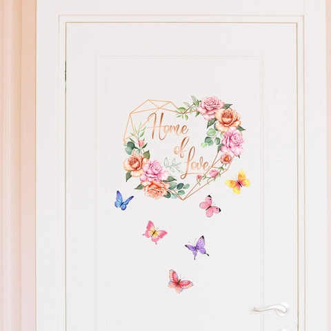 Aquarell Blume Schmetterling Herz Wandaufkleber Home Of Love PVC Selbstklebende Dekore Für Tür Wohnzimmer Deko