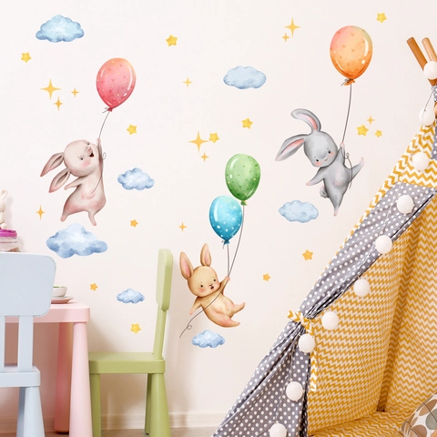 Pegatinas De Pared De Conejo De Dibujos Animados Globo PVC Autoadhesivo Acuarela Decoración Habitación Niños Estrellas