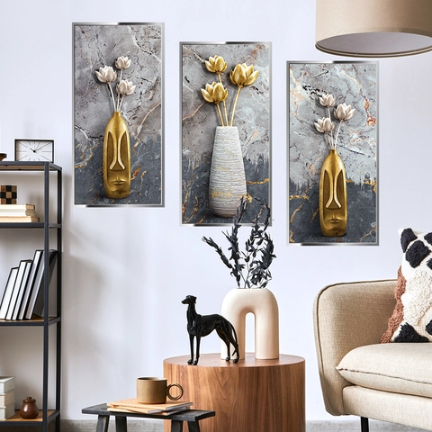 Abstraktes Blumenvasen Wandtattoo Set Gold Grau Marmor Textur PVC Selbstklebend Heimdekoration Wandaufkleber Für Wohnzimmer Schlafzimmer