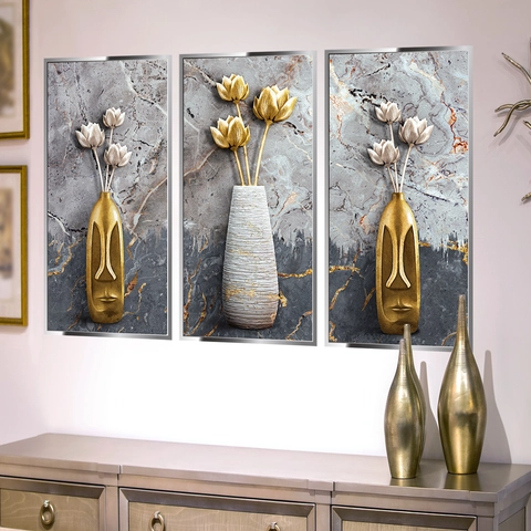 Abstraktes Blumenvasen Wandtattoo Set Gold Grau Marmor Textur PVC Selbstklebend Heimdekoration Wandaufkleber Für Wohnzimmer Schlafzimmer