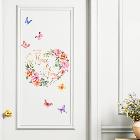 Aquarell Blume Schmetterling Herz Wandaufkleber Home Of Love PVC Selbstklebende Dekore Für Tür Wohnzimmer Deko