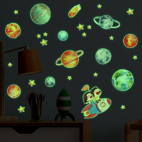 Leuchtende Weltraum Planeten Raketen Wandaufkleber Kinderzimmer Dekoration Selbstklebende PVC Fluoreszierende Aufkleber