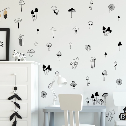 Mushroom Wall Stickers Black And White Hand Drawn PVC Self Adhesive Removable Decals For Bedroom Nursery Home Decor Art