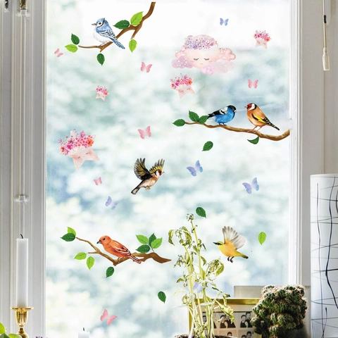 Bird Window Stickers PVC Flower Branch Wall Decals Static Cling Double Sided Glass Decorations Cartoon Illustration Style