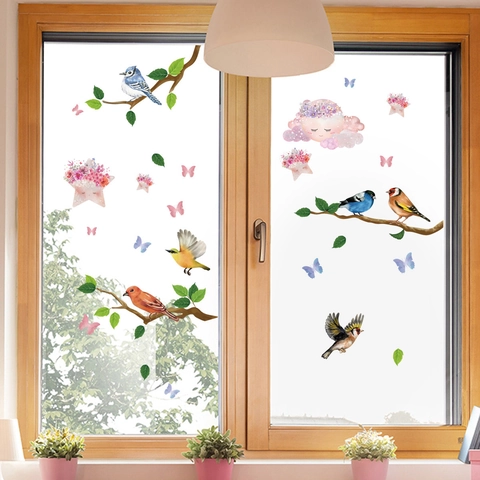 Bird Window Stickers PVC Flower Branch Wall Decals Static Cling Double Sided Glass Decorations Cartoon Illustration Style