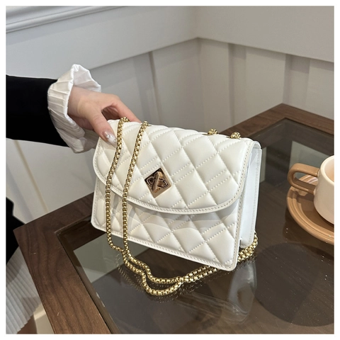 Women Fashion Quilted Rhombic Chain Shoulder Bag Elegant PU Leather Small Square Crossbody Bag With Golden Lock