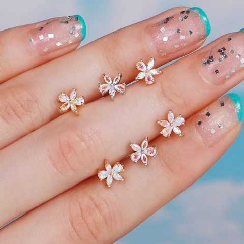 Stainless Steel Post Brass Zirconia Flower Snowflake Star Stud Earrings Internal Thread Screw Back Ear Piercing Jewelry