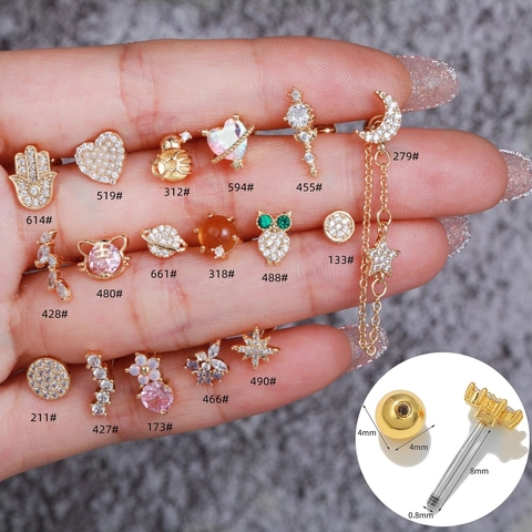 Fashion Zircon Copper Stud Earrings For Women Tiny Leaf Heart Moon Star Owl Hamsa Screw Back Ear Bone Studs Gold Jewelry
