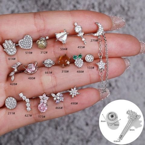 Fashion Zircon Copper Stud Earrings For Women Tiny Leaf Heart Moon Star Owl Hamsa Screw Back Ear Bone Studs Gold Jewelry