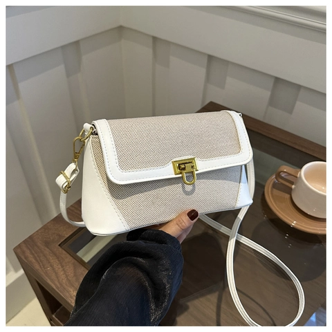 Borsa A Spalla Donna Paglia Intrecciata Patchwork Pelle PU Colore A Contrasto Serratura Metallo Retro Minimalista Piccola Squadrata