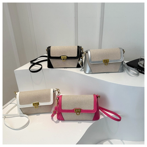 Borsa A Spalla Donna Paglia Intrecciata Patchwork Pelle PU Colore A Contrasto Serratura Metallo Retro Minimalista Piccola Squadrata