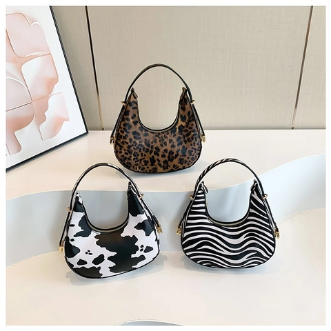 Bolso Hobo Con Estampado Animal Vaca Leopardo Cebra Pequeño Bolso De Hombro Media Luna Cuero PU Bolso De Axila Moda