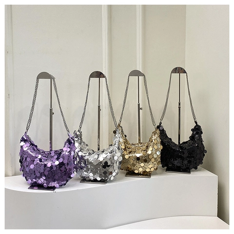 Metallische Pailletten Halbmond Schultertasche Für Damen Glänzende Pailletten Hobo Bag Mit Kette Unterarm Abendtasche Für Party