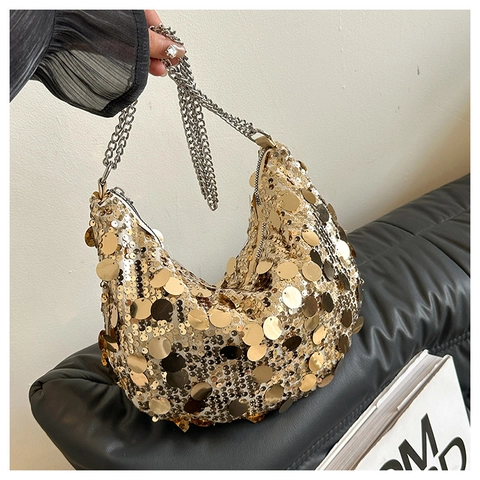 Metallische Pailletten Halbmond Schultertasche Für Damen Glänzende Pailletten Hobo Bag Mit Kette Unterarm Abendtasche Für Party
