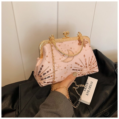Borsa Da Sera Vintage Ricamo Di Paillettes Telaio In Metallo Chiusura A Bacio Tracolla A Catena Borsa A Mano Per Feste Donne
