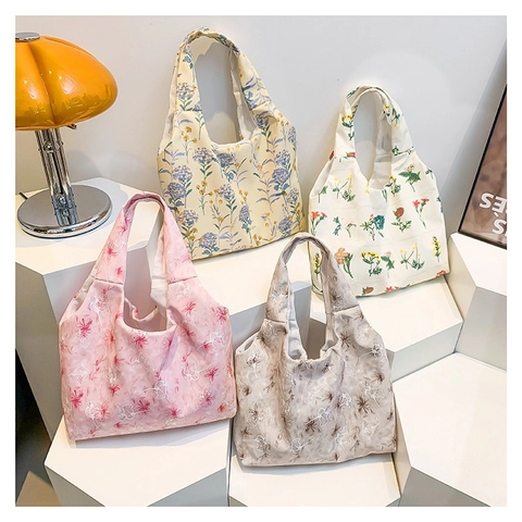 Damen Floral Segeltuch Tragetasche Große Kapazität Lässig Schultertasche Für Einkaufen Japanischen Stil Beuteltasche