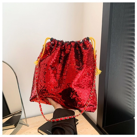 Women Sequin Bucket Bag Fashion Large Capacity Party Evening Chain Drawstring Shoulder Bag Street Style Glitter Handbag