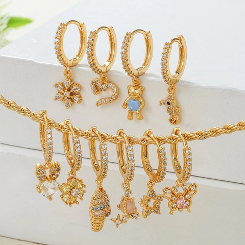 Copper Hoop Earrings With Zircon Heart Butterfly Star Animal Charms Gold Silver Plated Elegant Jewelry For Women