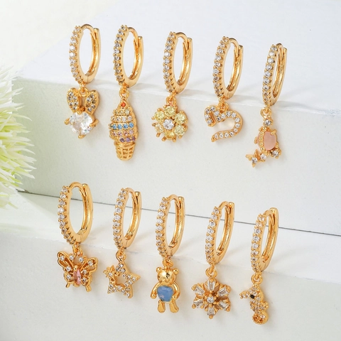 Copper Hoop Earrings With Zircon Heart Butterfly Star Animal Charms Gold Silver Plated Elegant Jewelry For Women