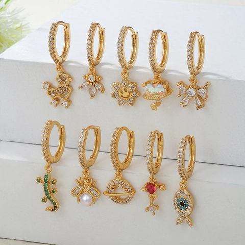 Luxury 18K Gold Plated Copper Zirconia Huggie Earrings For Women Animal Bee Planet Heart Bow Dangle Earrings Fashion Jewelry