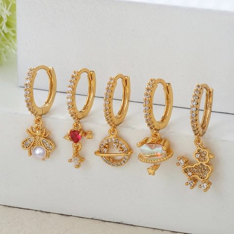 Luxury 18K Gold Plated Copper Zirconia Huggie Earrings For Women Animal Bee Planet Heart Bow Dangle Earrings Fashion Jewelry