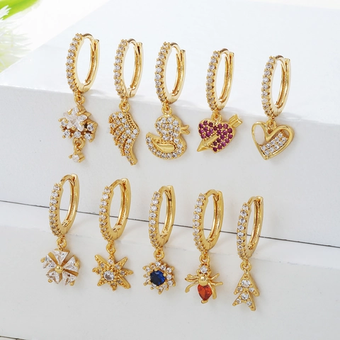 Orecchini a Cerchio in Rame Con Micro Intarsio di Zirconi a Forma di Cuore Ala Anatra Stella a Otto Punte Oro Argento Gioielli