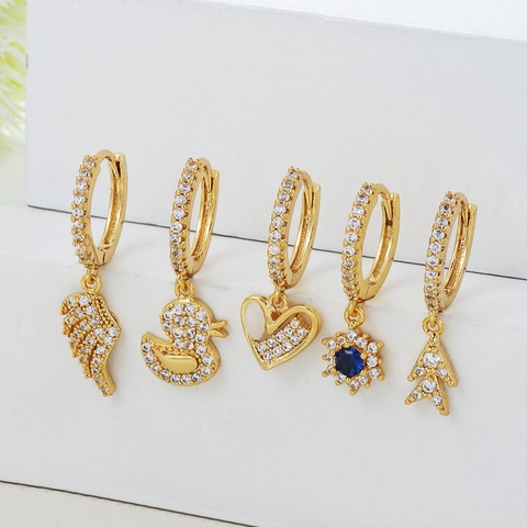 Orecchini a Cerchio in Rame Con Micro Intarsio di Zirconi a Forma di Cuore Ala Anatra Stella a Otto Punte Oro Argento Gioielli