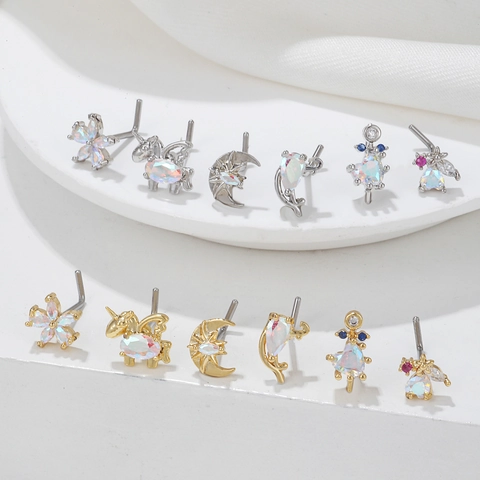 Copper Micro Inlaid AB Zircon Nose Rings For Women African Style L Shaped Nose Studs Heart Flower Moon Unicorn Piercing Jewelry