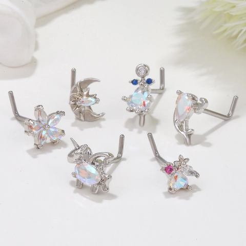 Piercings de Nariz de Cobre con Circón AB Micro Incrustado para Mujer Estilo Africano en Forma de L con Corazón Flor Luna Unicornio Joyería