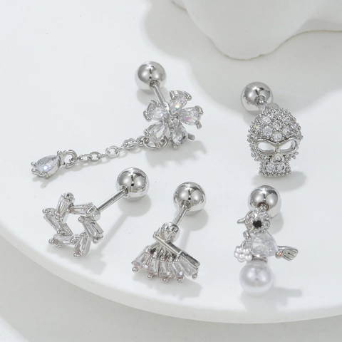 Zircon Animal Bird Skull Star Fan Shape Stud Earrings With Stainless Steel Earring Post For Women Daily Jewelry