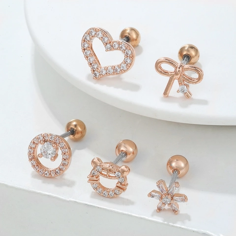 Zirkoon Hart Boog Sneeuwvlok Oorpiercing Studs Met Roestvrijstalen Pin Koperen Basis Minimalistische Sieraden Voor Dames